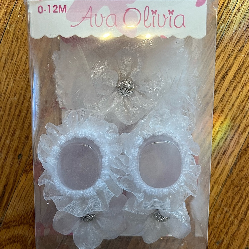 NIB Baby girl Christening/Baptism booties/socks and headband set